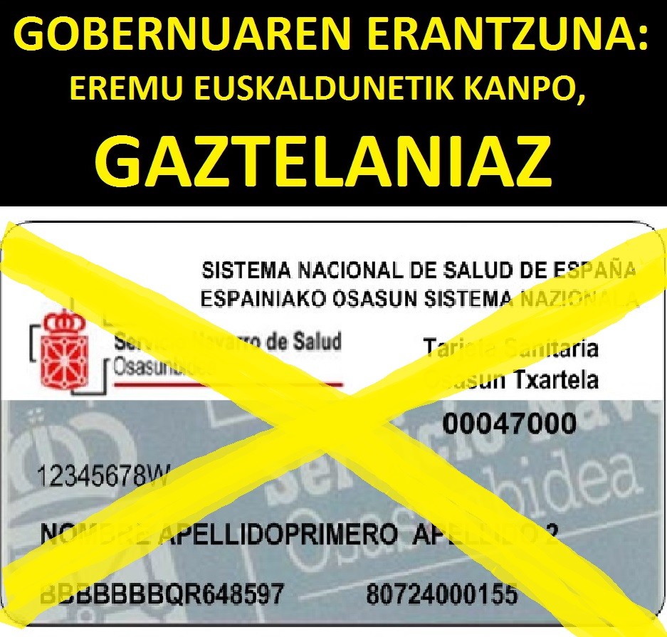 Nafarroako Gobernuaren erantzuna: Eremu euskaldunetik kanpo, Osasun Txartela gaztelaniaz.