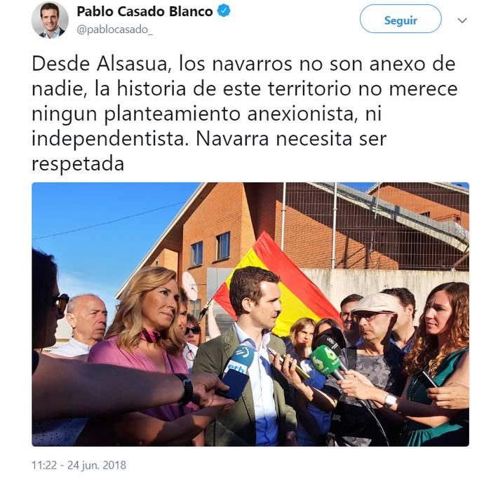 Pablo Casado (PP): "Ikurrina ez da Nafarroako bandera; euskara ez da Nafarroako hizkuntza"
