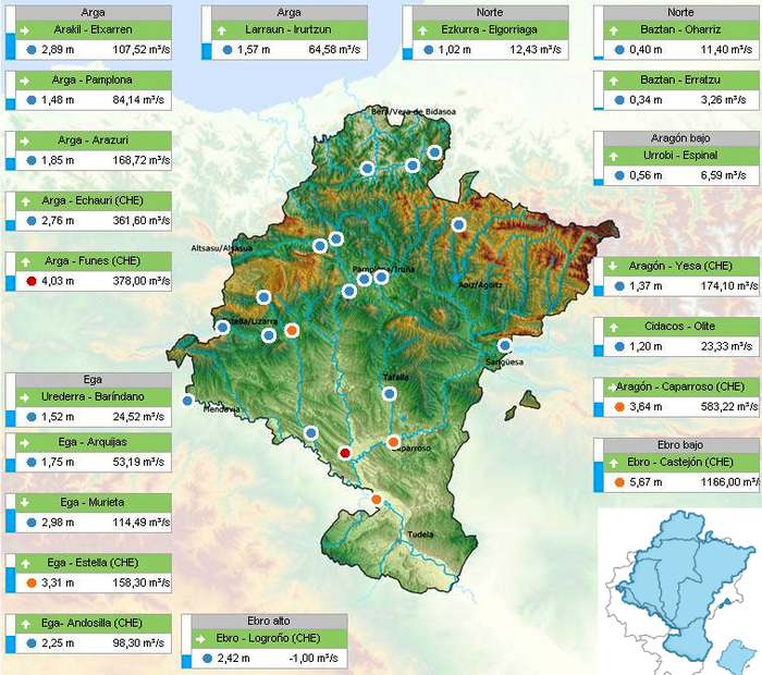 Alertan dago Arga ibaia Funesen; alerta aurreko egoeran Ega, Aragoi, eta Ebro