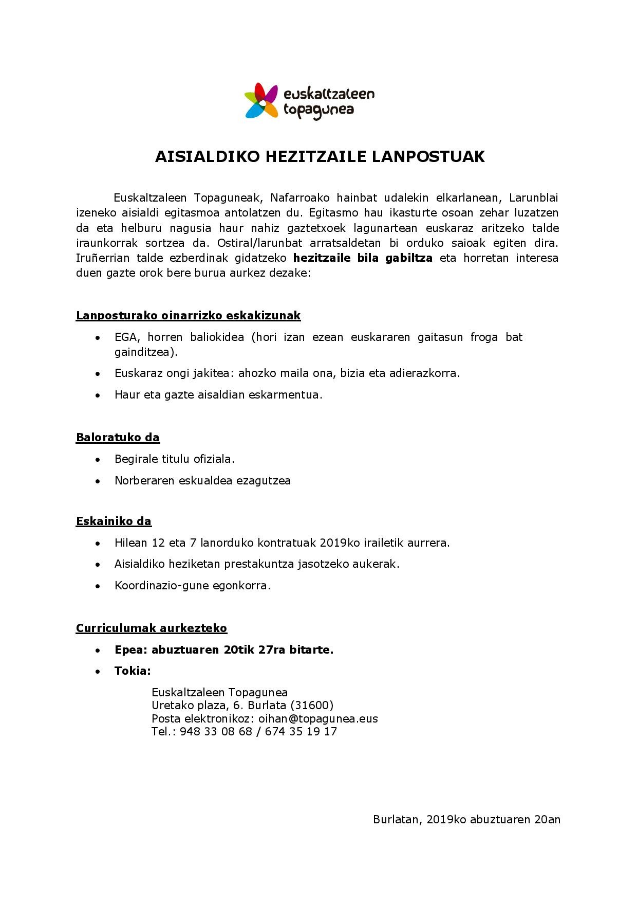 Euskaltzaleen Topagunean aisialdiko hezitzaile bila gabiltza