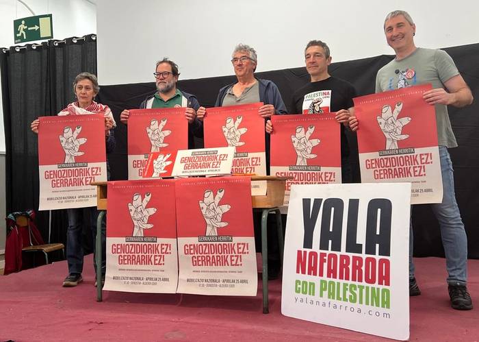 Palestinan egiten ari diren genozidioak ez duela etenik salatzeko manifestazio bateratua deitu dute Yala Nafarroak eta Gernika Palestinak