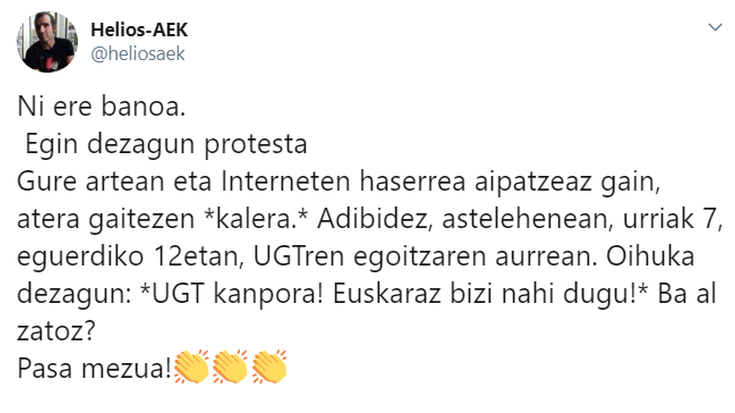 Eguerdian UGTren egoitzaren aitzinean protesta egitera deitzen ari dira sare sozialetan
