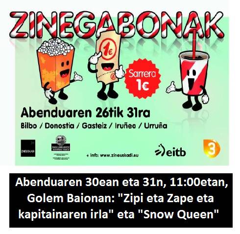 Zinegabonak, haurrentzako euskarazko filmak euro bakarrean.