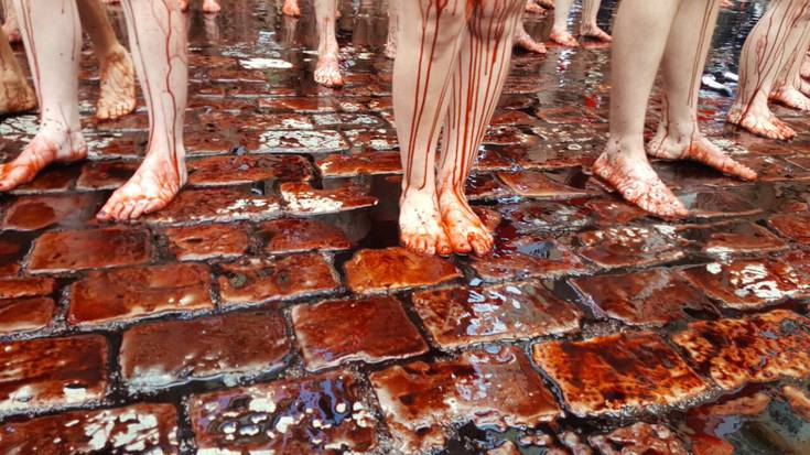 Zezenketak debekatu ditzaten exijitzeko odolez zikindu dira hainbat ekintzaile