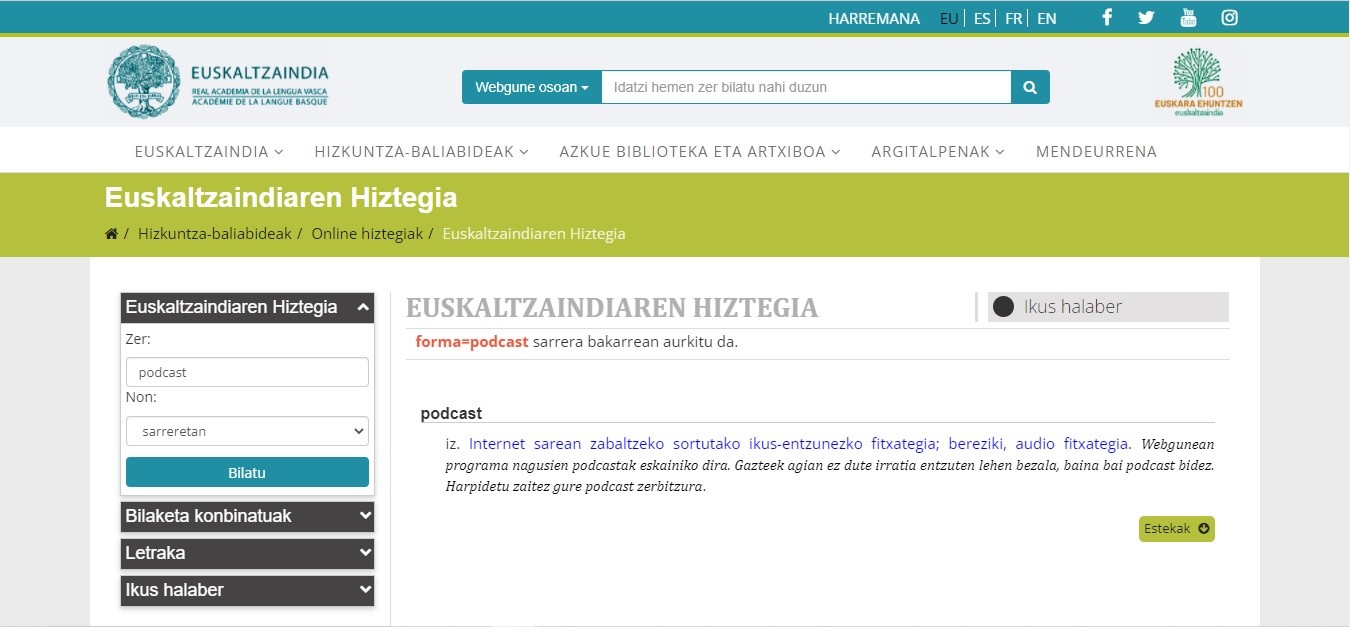 Euskaltzaindiak parazetamol, spam eta podcast hitzak txertatu ditu hiztegian