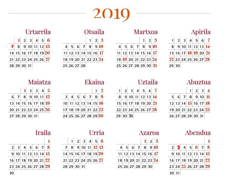 Hamahiru jai egun ofizial zehaztu ditu gobernuak 2019rako