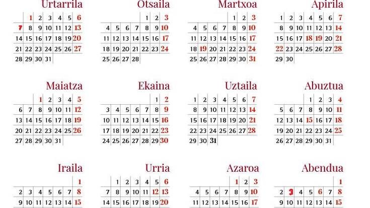 Hamahiru jai egun ofizial zehaztu ditu gobernuak 2019rako