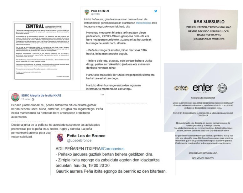 Koronabirusagatik ateak itxi dituzte taberna, kontzertu areto, peña eta elkarteek